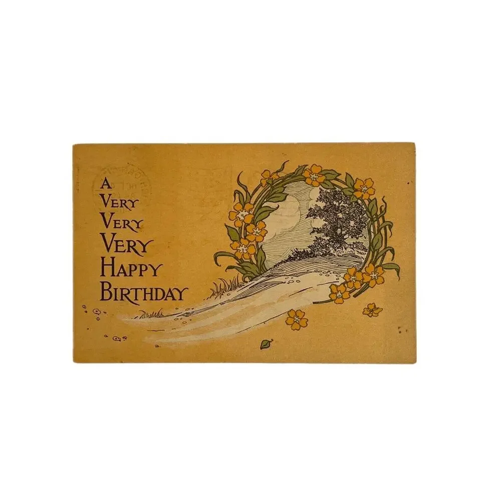 Atq 1918 Ephemera Postcard Birthday Wishes Country Scene The AM Davis Co Boston